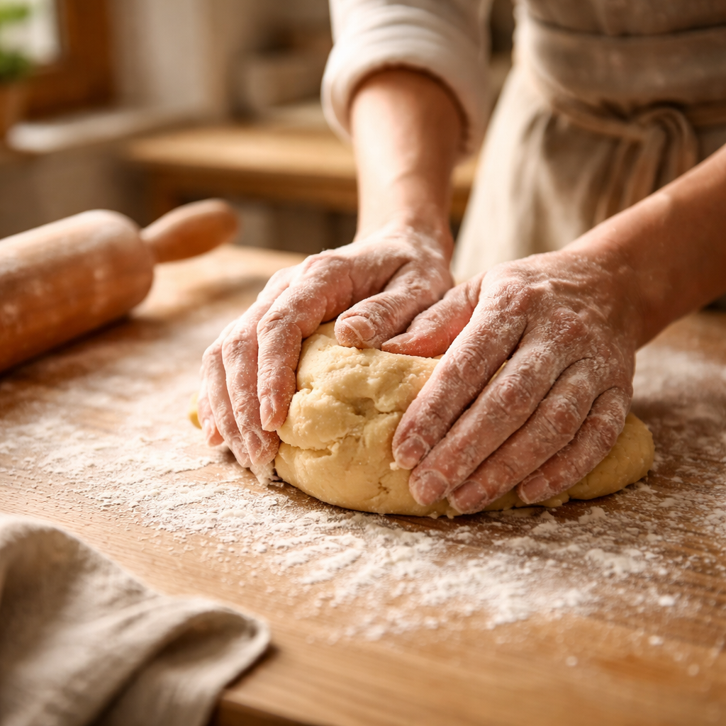 Atölyede hamur hazırlığı yapılırken çekilmiş kare bir görsel