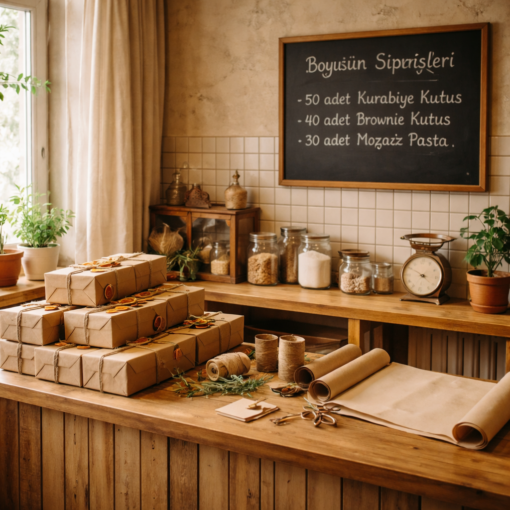 Kutu Kurabiye Atölyesi'nin sade tezgâhı ve ambalaj köşesi